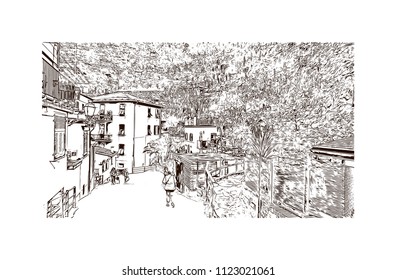 Cinque Terre is a string of centuries-old seaside villages on the rugged Italian Riviera coastline. Hand drawn sketch illustration in vector.