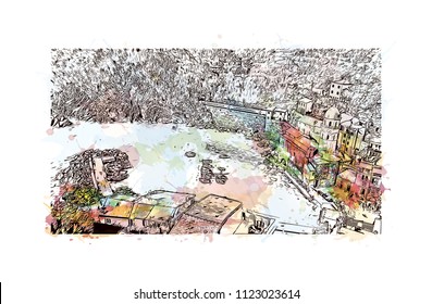 Cinque Terre is a string of centuries-old seaside villages on the rugged Italian Riviera coastline. Watercolor splash with Hand drawn sketch illustration in vector.
