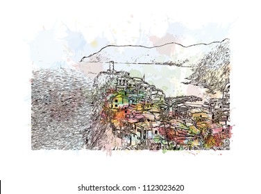 Cinque Terre is a string of centuries-old seaside villages on the rugged Italian Riviera coastline. Watercolor splash with Hand drawn sketch illustration in vector.