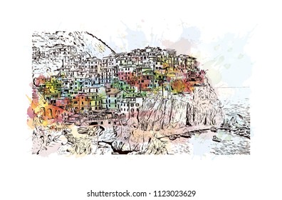 Cinque Terre is a string of centuries-old seaside villages on the rugged Italian Riviera coastline. Watercolor splash with Hand drawn sketch illustration in vector.