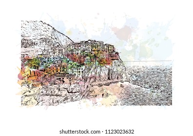 Cinque Terre is a string of centuries-old seaside villages on the rugged Italian Riviera coastline. Watercolor splash with Hand drawn sketch illustration in vector.