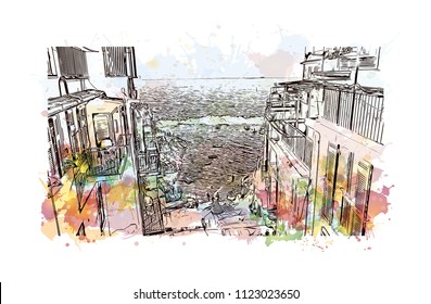 Cinque Terre is a string of centuries-old seaside villages on the rugged Italian Riviera coastline. Watercolor splash with Hand drawn sketch illustration in vector.