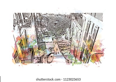 Cinque Terre is a string of centuries-old seaside villages on the rugged Italian Riviera coastline. Watercolor splash with Hand drawn sketch illustration in vector.