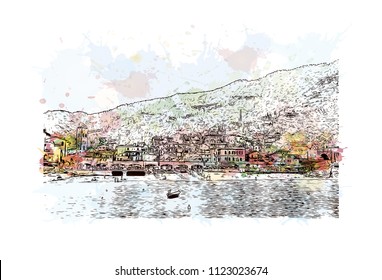 Cinque Terre is a string of centuries-old seaside villages on the rugged Italian Riviera coastline. Watercolor splash with Hand drawn sketch illustration in vector.