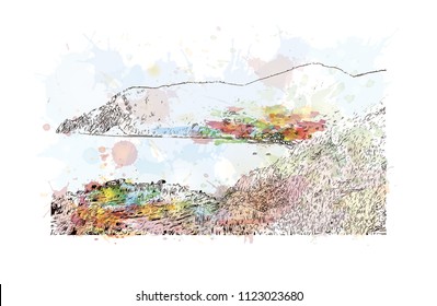 Cinque Terre is a string of centuries-old seaside villages on the rugged Italian Riviera coastline. Watercolor splash with Hand drawn sketch illustration in vector.