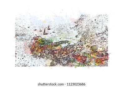 Cinque Terre is a string of centuries-old seaside villages on the rugged Italian Riviera coastline. Watercolor splash with Hand drawn sketch illustration in vector.