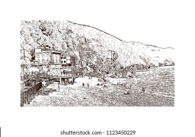 Cinque Terre is a string of centuries-old seaside villages on the rugged Italian Riviera coastline. Hand drawn sketch illustration in vector.