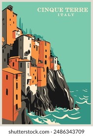 Arte vectorial de Cinque Terre, retro vintage cartel de viaje italiano, ilustración de Cinque Terre, diseño de cartel de viaje de verano europeo, vacaciones en la isla italiana