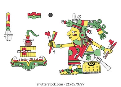 Cinteotl, Aztec god of maize, in front of the realm of the dead. Maize deity in Aztec mythology, also known as Centeotl and Centeocihuatl, usually portrayed as young man with yellow body coloration.