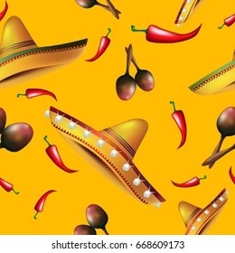 Cinyo de Mayo vector seamless pattern on yellow background. Drawing for fabric. Mexico.Vector