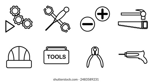 cion pack maintenance theme. equipment, hammer, safety helmet, drilling machine, pliers, screwdriver, saw, wrench