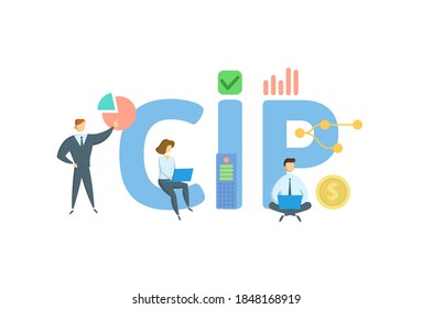 CIP, Carriage and Insurance Paid. Concept with keywords, people and icons. Flat vector illustration. Isolated on white background.