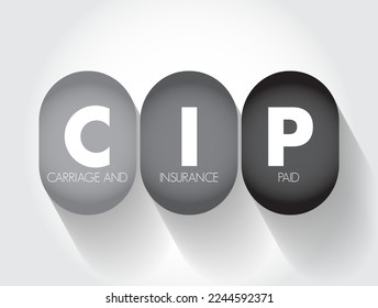 CIP Carriage and Insurance Paid - when a seller pays freight and insurance to deliver goods to a seller-appointed party at an agreed-upon location, acronym text concept background