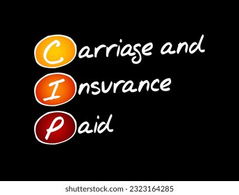 CIP Carriage and Insurance Paid - when a seller pays freight and insurance to deliver goods to a seller-appointed party at an agreed-upon location, acronym text concept background