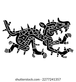 Cipactli. Fantastic monster animal from Aztec mythology. Native American design from Mexican codex. Black and white silhouette.