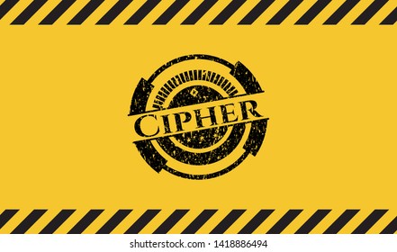 Cipher black grunge emblem, yellow warning sign. Vector Illustration. Detailed.
