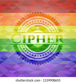 Cipher emblem on mosaic background with the colors of the LGBT flag