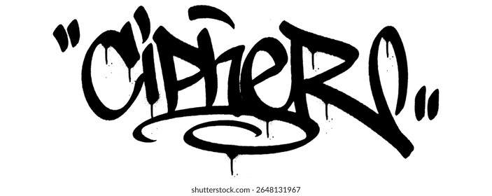 Cipher graffiti tag in bold black spray with drips. Transparent background. Great for street-style design with mystery and urban sigma edge.