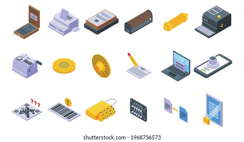 Cipher icons set. Isometric set of cipher vector icons for web design isolated on white background