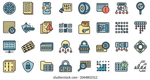 Cipher icons set. Outline set of cipher vector icons thin line color flat isolated on white