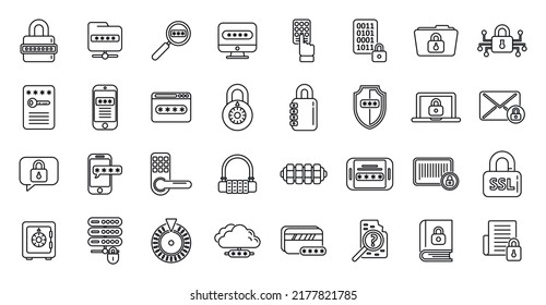 Cipher icons set outline vector. Data security. Lock protection
