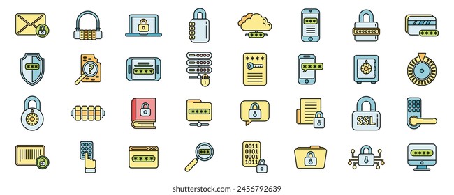 Cipher icons set outline vector. Data security. Lock protection thin line color flat on white