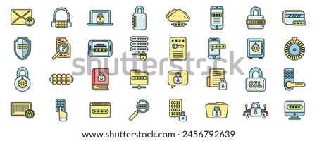 Cipher icons set outline vector. Data security. Lock protection thin line color flat on white