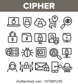 Cipher Linear Vector Icons Set. Information Encryption Thin Line Contour Symbols Pack. Digital Security Pictograms Collection. Privacy, Anonymity, Confidentiality. Cybersecurity Outline Illustrations