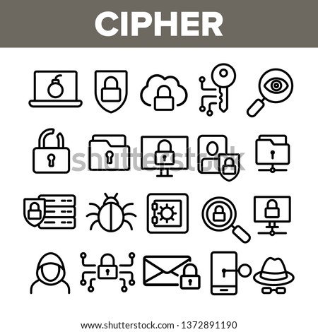 Cipher Linear Vector Icons Set. Information Encryption Thin Line Contour Symbols Pack. Digital Security Pictograms Collection. Privacy, Anonymity, Confidentiality. Cybersecurity Outline Illustrations