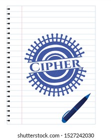 Cipher pen emblem. Blue ink. Vector Illustration. Detailed.