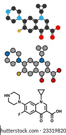 Ciprofloxacin antibiotic drug (fluoroquinolone class) molecule. Conventional skeletal formula and stylized representations. 