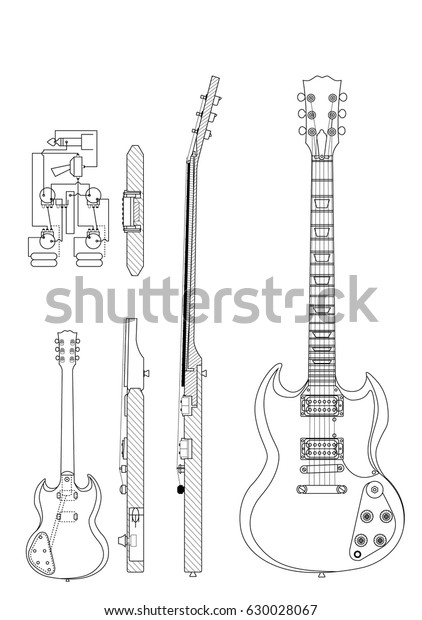 CIRCA 2016: drawing of Gibson SG electric guitar\
construction elements