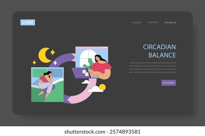 Circadian Balance concept. Illustration portrays daily routine with night sleep and daytime activities for healthy life rhythm. Transition from rest to productivity. Vector illustration.