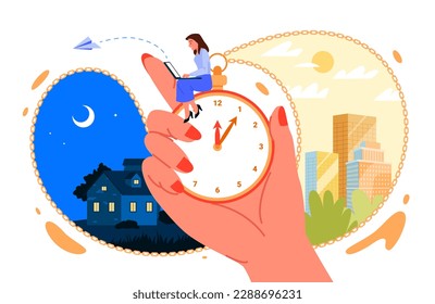 Circadian biological rhythms for work and leisure of person vector illustration. Cartoon human hand holding vintage clock with chain and woman sitting with laptop, night and day city scenes around