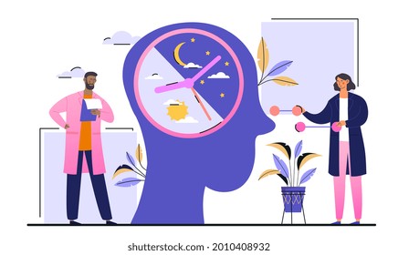 Circadian rhythm concept. Day and night cycle scheme. Natural sleep-wake biological process. Man and woman study the biological clock that is embedded inside a person. Cartoon flat vector illustration