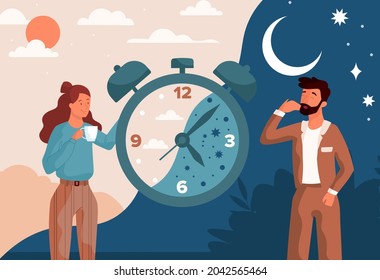 Circadian rhythm concept. Healthy day and night cycle. Man falls asleep, and woman turns off the alarm clock and falls asleep. Cartoon modern flat vector illustration isolated on colorful background