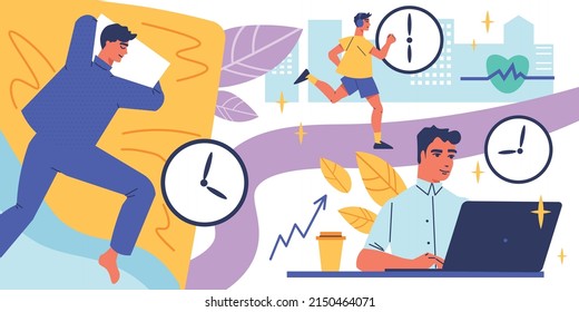 Circadian rhythm concept with healthy young man during night and daytime flat vector illustration