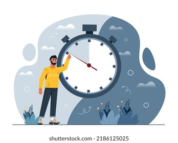 Circadian rhythm concept. Man changes clock, health care and timely rest, recuperation and sound sleep. Time management and aily routine. Planet, day and night. Cartoon flat vector illustration