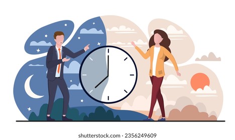 Circadian Rhythm Konzept. Mann und Frau in der Nähe der großen Uhr. Junge Mädchen für Tag und Geschäftsmann für Nacht. Schlafmodus und gesunder Lebensstil, Infografiken. Cartoon-Flavektor-Vektorgrafik