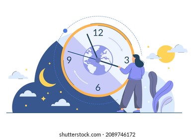 Circadian Rhythm Concept With Tiny Woman. Human Biological Clock To Regulate Sleep Wake And Day Night Cycle. Routine, Morning To Evening Changes, Planet Movement Around Sun. Body Natural Daily Rhythms