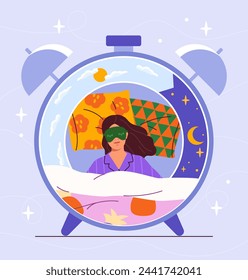 Circadian rhythm concept. Woman in sleeping mask lying at pillows. Rest and recuperation, wellbeing. Correct daily routine and regime, healthy lifestyle. Cartoon flat vector illustration