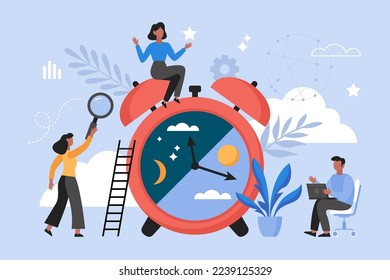 Circadian rhythm and time balance concept. Modern vector illustration with people and alarm clock