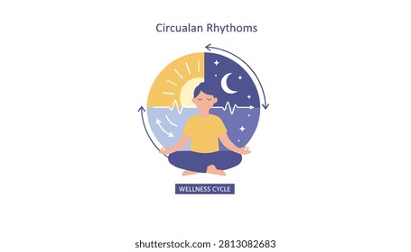 Circadian rhythms wellness cycle illustration showing sleep and wake patterns with meditating person sun and moon.