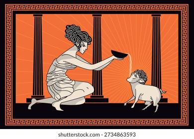 circe transforming an argonaut into a pig in greek vase style