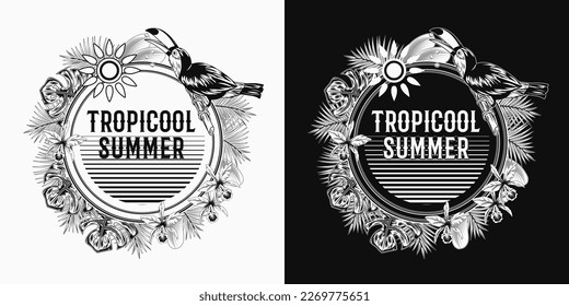 Circilaretikett mit Toucan Vogel, tropisches Blattwerk, Orchidee, Sonne, Text Tropischer Sommer. Vögel, die auf einem Baum-Ast sitzen und Samen essen. Detaillierte Illustration für Drucke, Kleidung, T-Shirt-Design