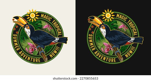 Circilar label with toucan bird, tropical foliage, orchid, sun, text Summer adventure. Bird sitting on tree branch and eating seeds. Detailed illustration for prints, clothing, t shirt design