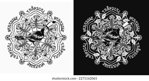 Circilar ornament like mandala with toucan bird, tropical foliage, orchid, sun, text Tropical paradise. Bird sitting on tree branch and eating seeds. Illustration for prints, clothing, t shirt design