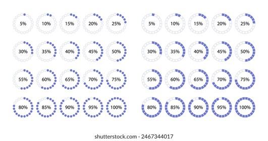Circle 100 percent diagram structure. Progress loading template. Circular blue color progress bar. Violet round pie chart. Schemes with sectors. Piechart with segments. Vector illustration
