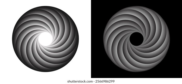 Circle with 12 segments and gradients. Logo or icon for any project. Dark shape on a white background and the light shape on the black side.