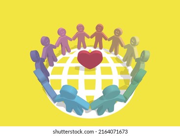 Circle of 12 smiling people holding hands on the earth around a red heart Vector illustration